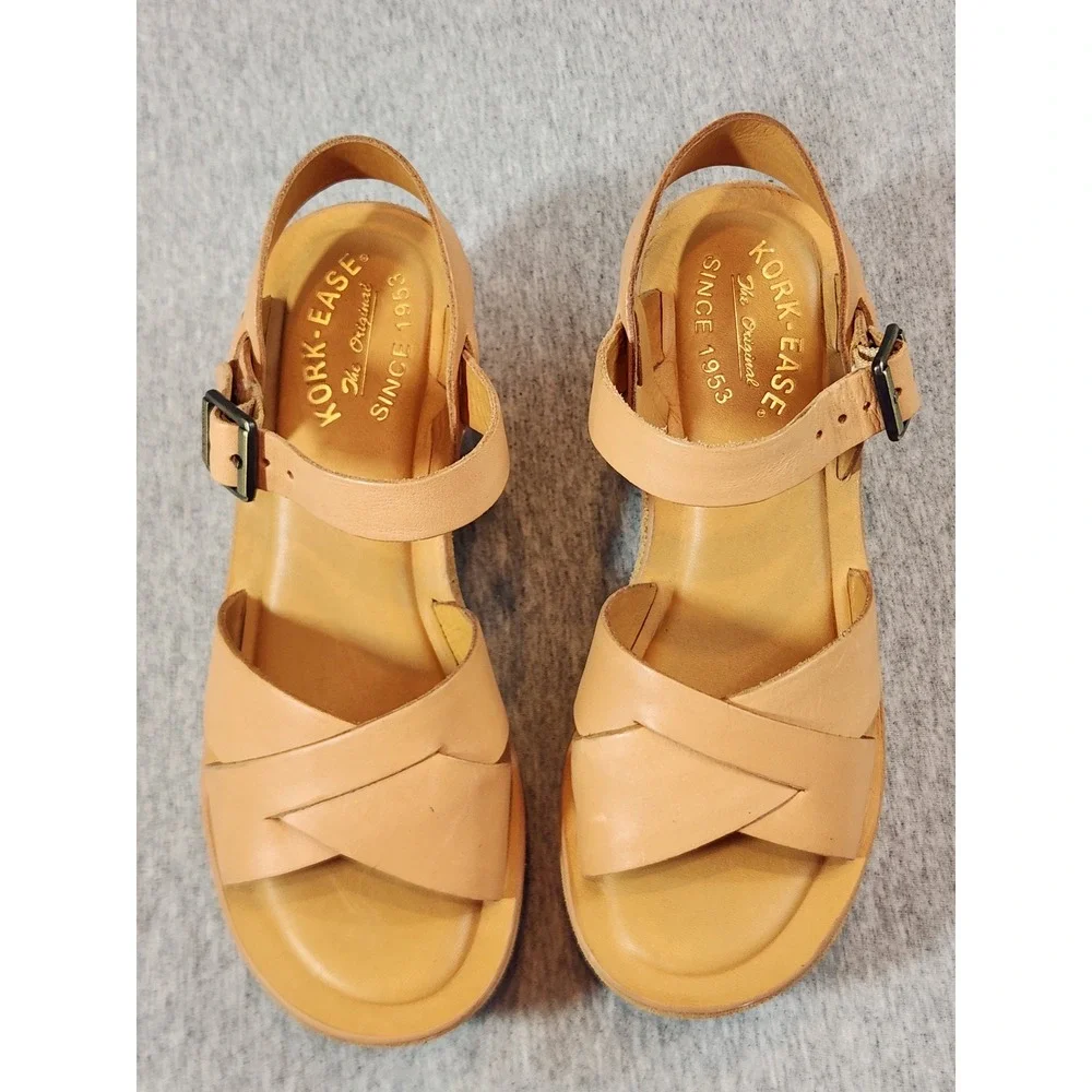 Kork-Ease CNE11 Platform Wedge Sandals Womens 6 Tan Leather Crisscross Strappy